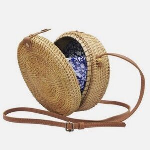 Round Rattan Woven Crossbody Bag Straw Boho Bali Style Purse
